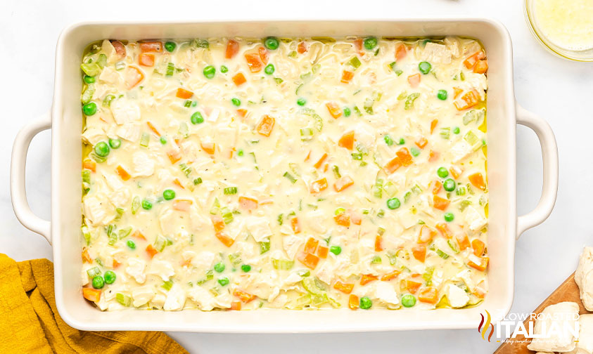 pan of chicken pot pie casserole