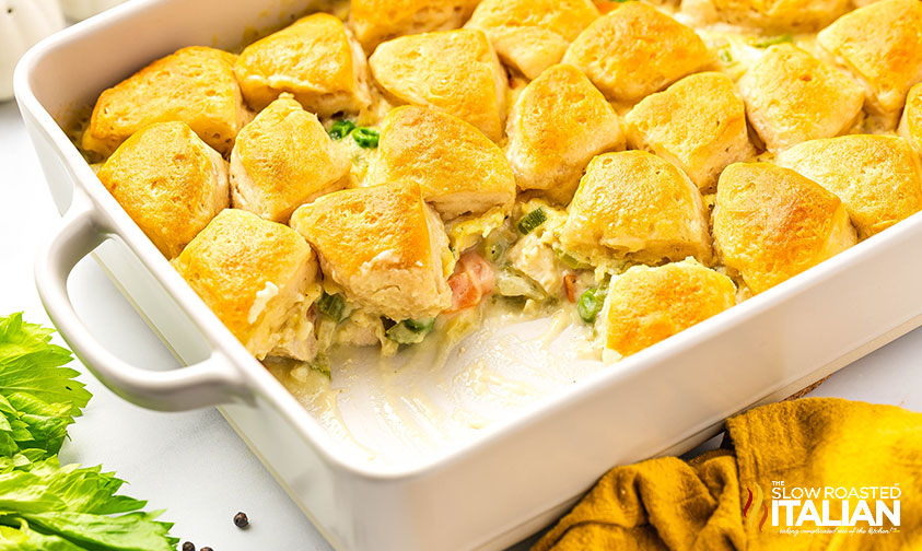 chicken pot pie casserole in a pan