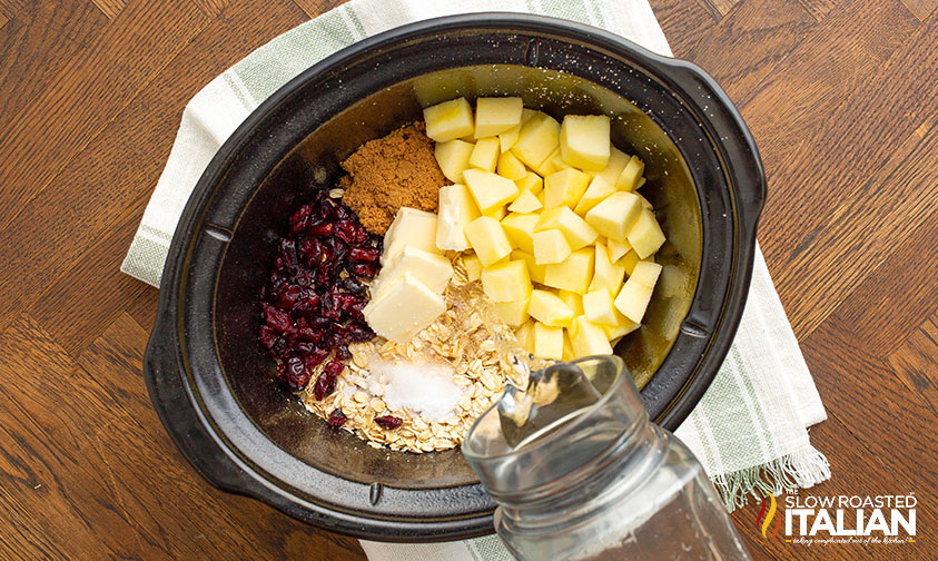 apples, oats, cranberries and brown sugar in a crockpot