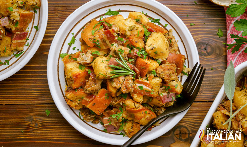 topdown view of crockpot stuffing on a plate with fork