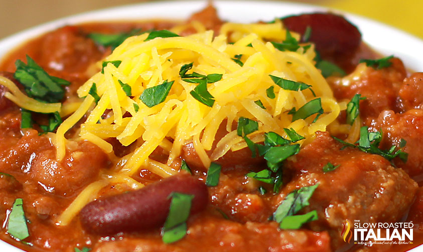 closeup of easy chili in crock pot recipe