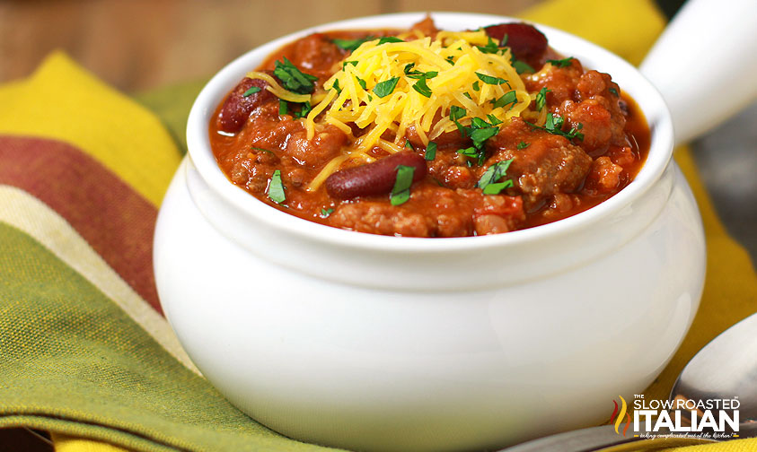 easy chili in a white bowl