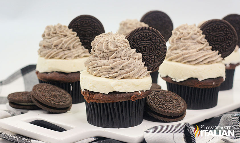 extreme Oreo cupcakes displayed on a tray