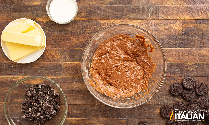 mixed batter for oreo cupcakes in a mixing bowl