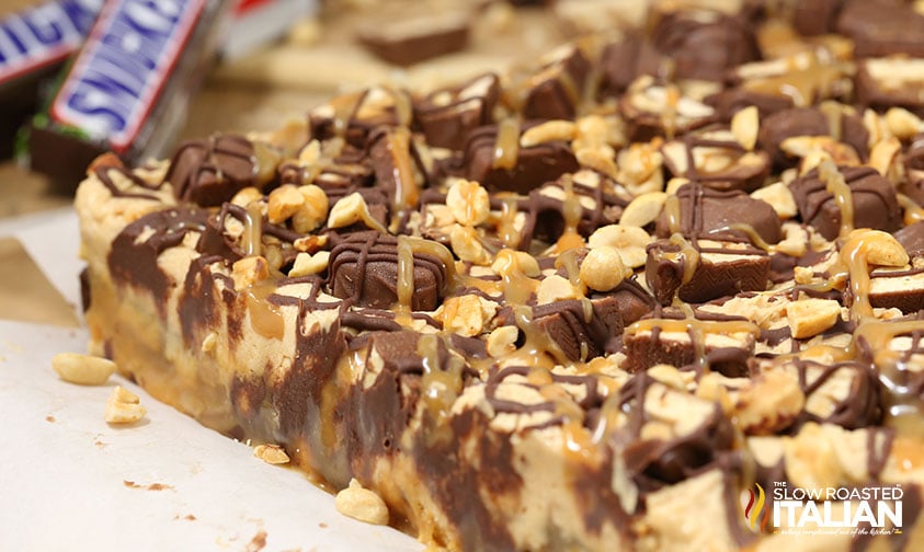 close up of Outrageously Peanutty Snickers Brownies