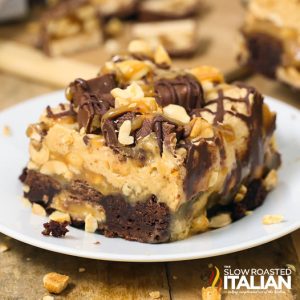 closeup of Outrageously Peanutty Snickers Brownies
