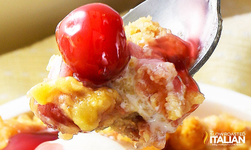 closeup of cherry pineapple dump cake