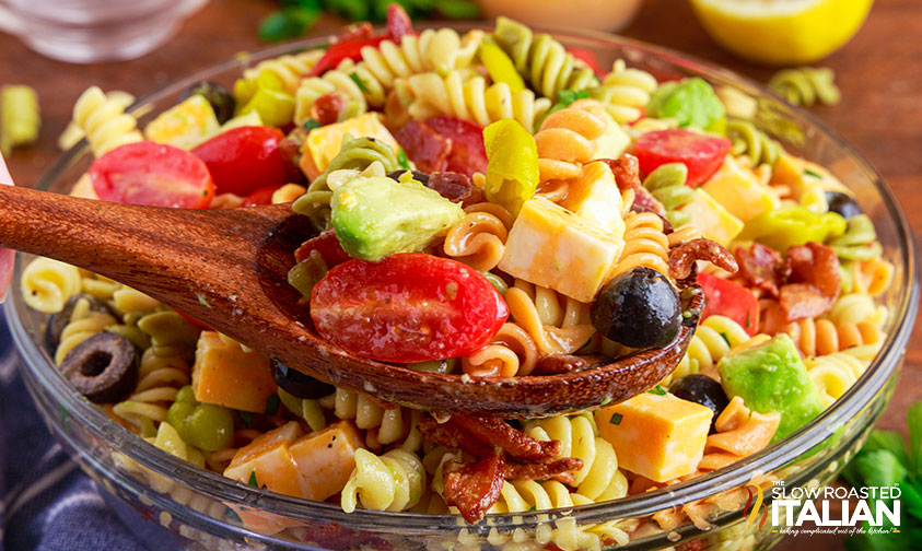 forkful of loaded pasta salad