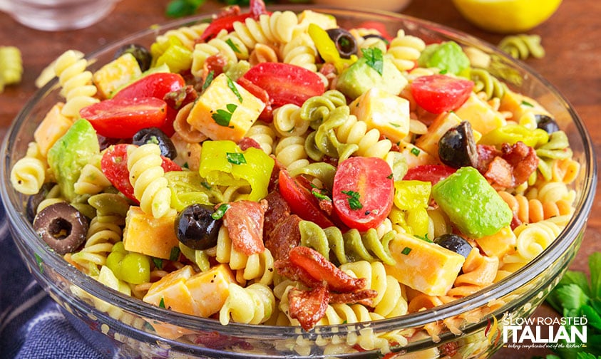 italian pasta salad with avocado and bacon