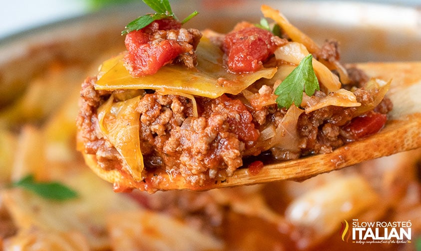 unstuffed cabbage rolls on a wooden serving spoon