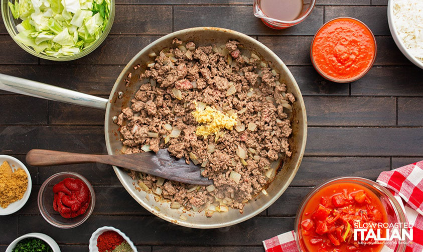 ground beef, onions and garlic in a skillet