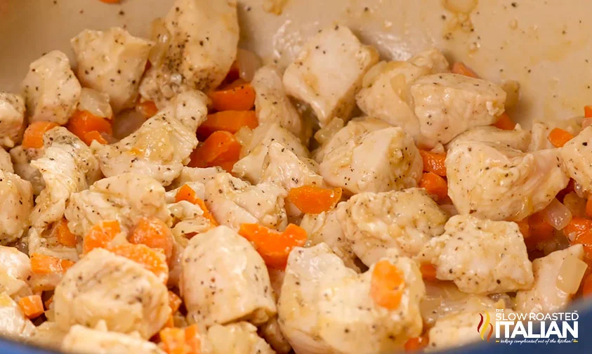 browned chicken pieces with veggies in pot