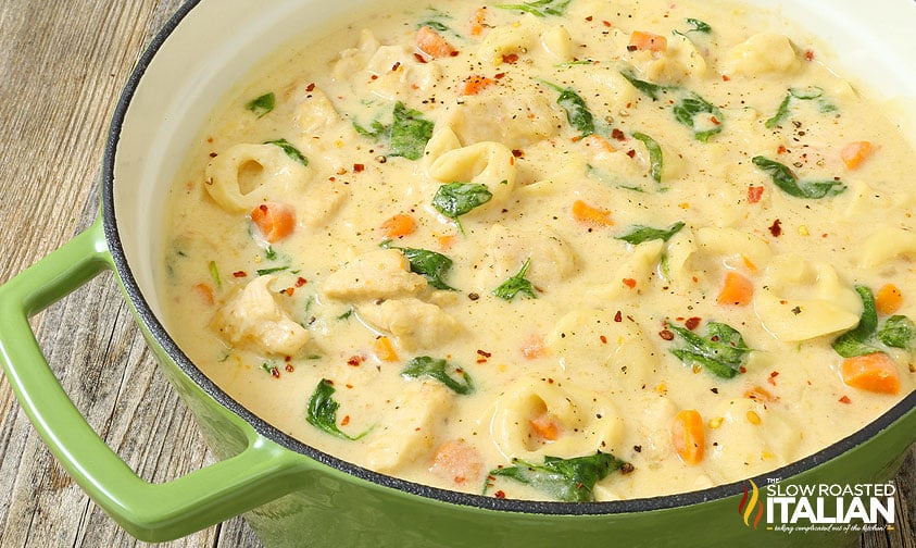 alfredo chicken tortellini soup in dutch oven