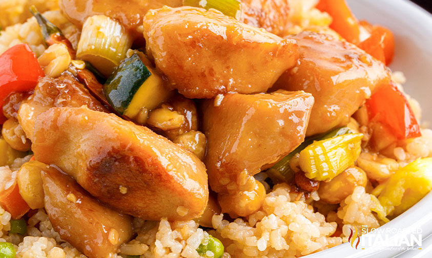 closeup: fried rice topped with chicken