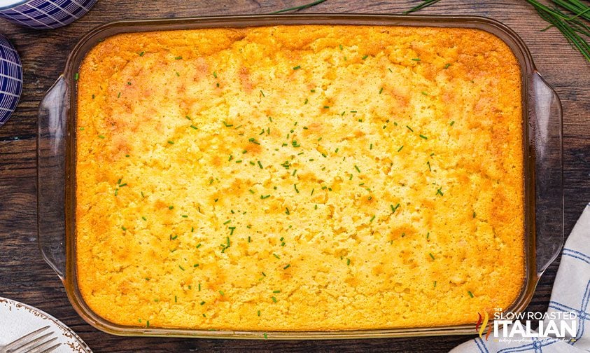 9x13 pan of baked corn casserole