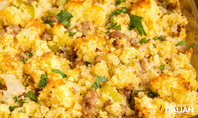 closeup: cornbread stuffing with sausage and parsley