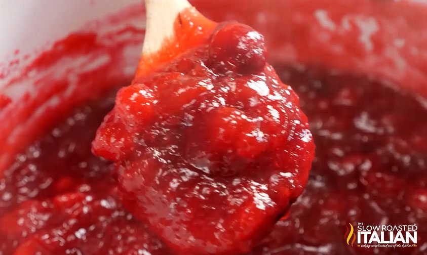 closeup: spoonful of fresh cranberry sauce