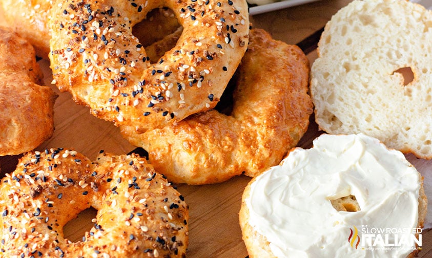 air fried everything bagels, one sliced with cream cheese
