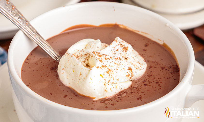 mug of italian hot chocolate topped with whipped cream