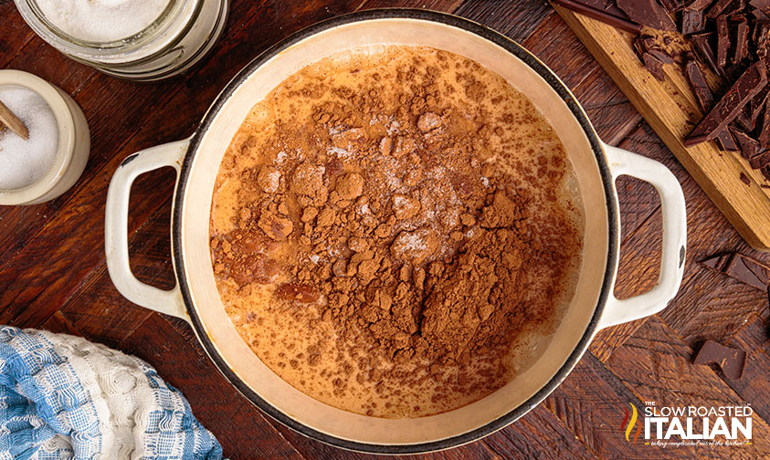 milk and cocoa powder in large pot
