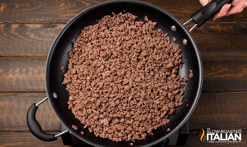 cooked ground beef in skillet