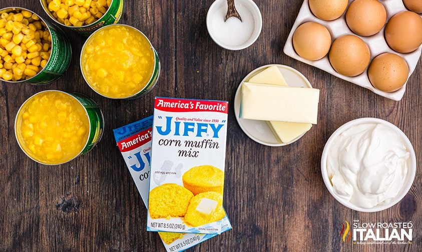 ingredients to make cornbread casserole with Jiffy