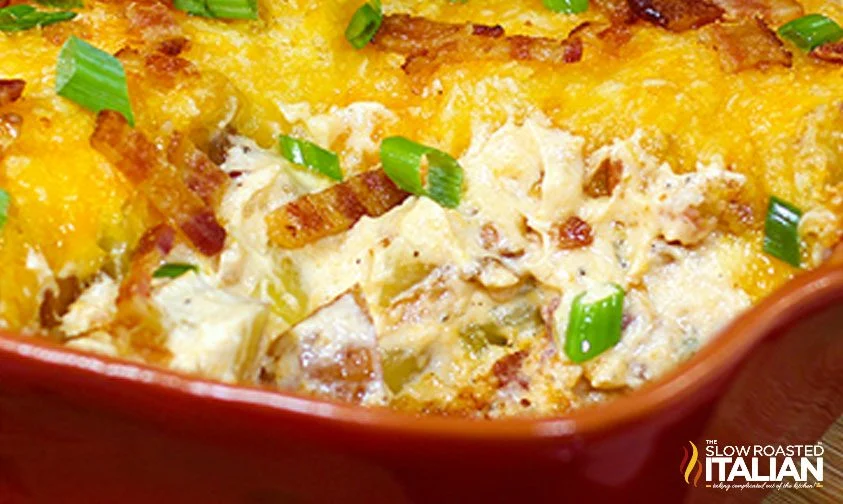 closeup: showing center of potato bacon casserole with cheese