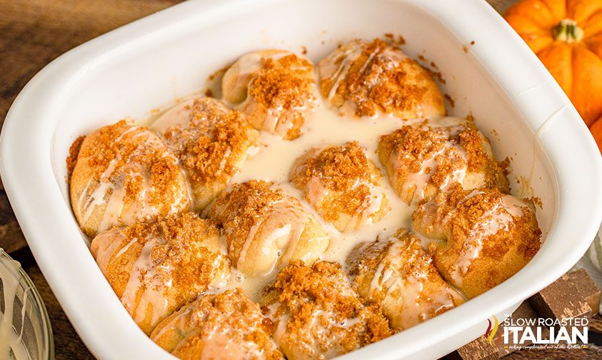 pumpkin pull apart bread in baking dish