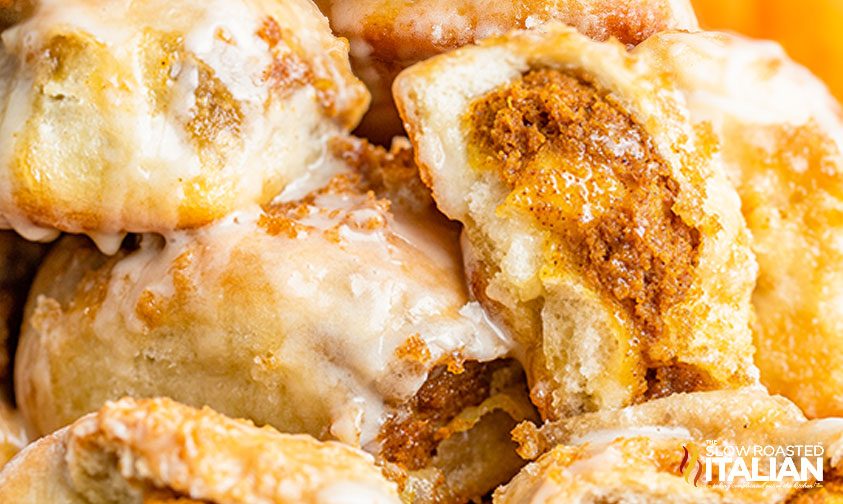 close up of glazed pumpkin pie bombs