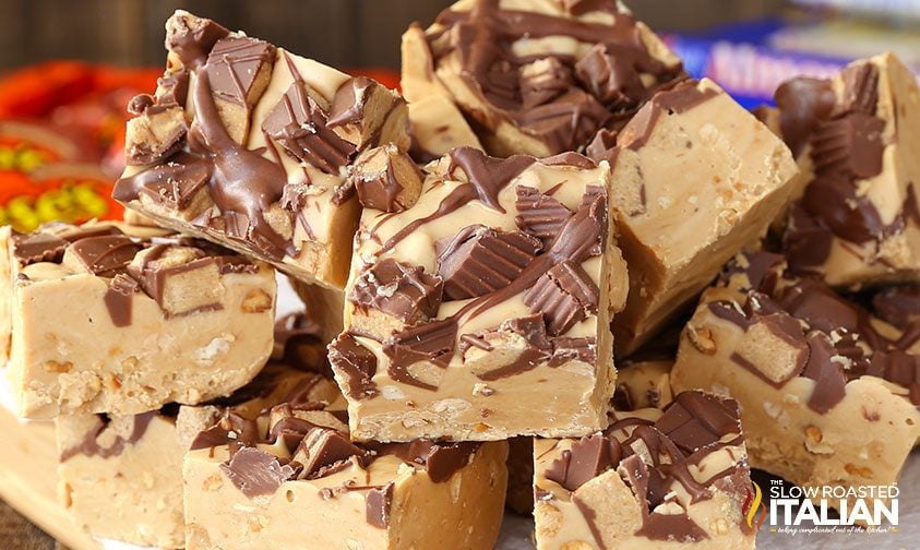 stacked squares of Reese's fudge