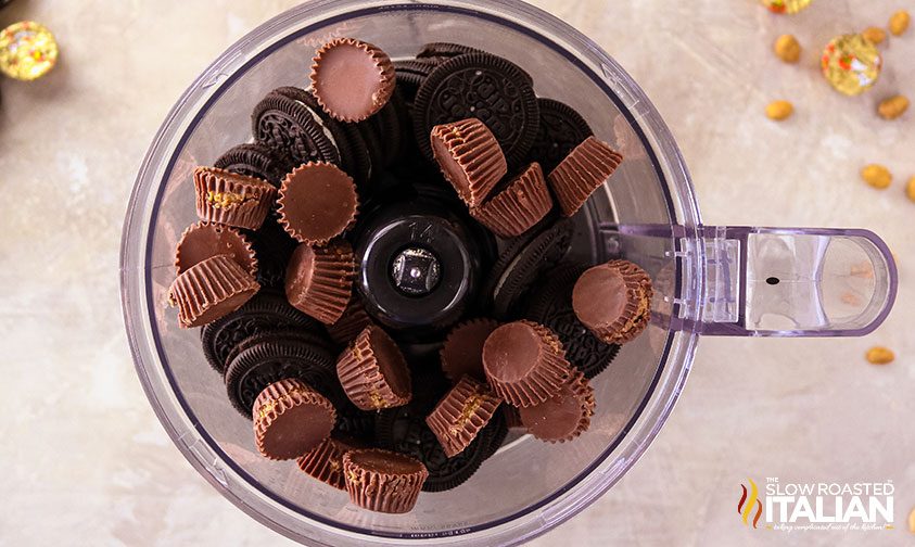 Oreo cookies and mini reese's cups in food processor