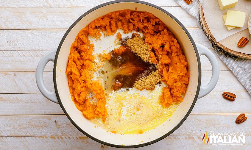 pot of mashed sweet potatoes with cream, butter, and spices