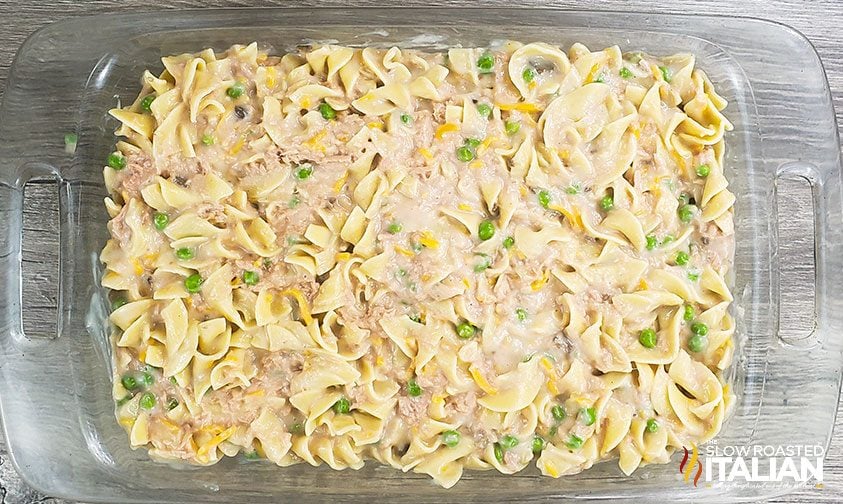 unbaked tuna casserole in glass pan