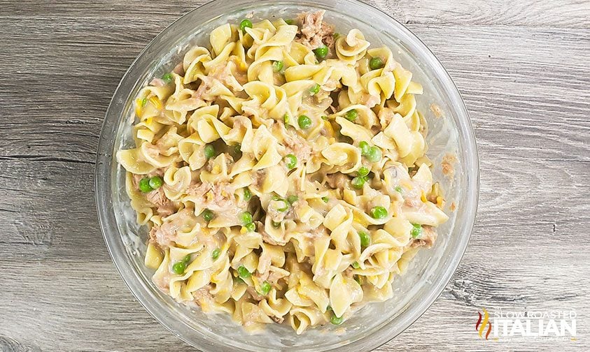 egg noodles, canned tuna, and peas combined with milk mixture