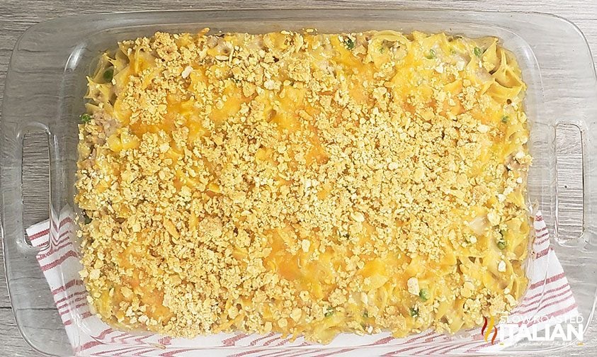 cheesy tuna noodle casserole with Ritz cracker topping