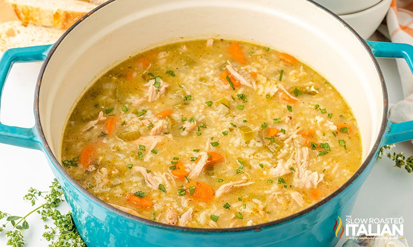 turkey rice soup in blue pot