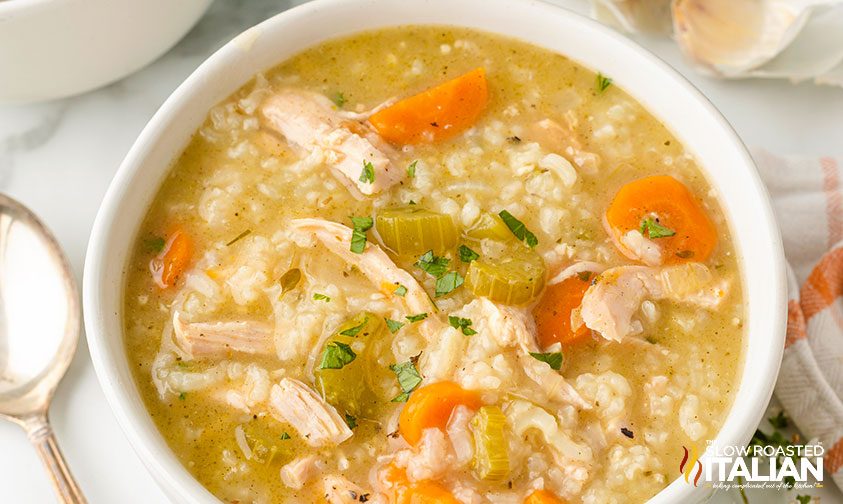 bowl of soup with turkey, rice, and veggies