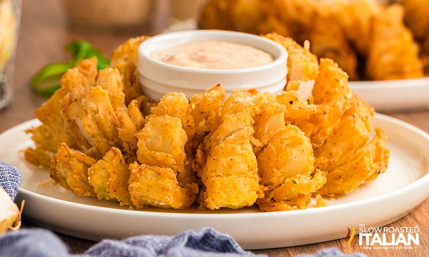 closeup of blooming onion on a plate