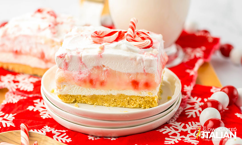 slice of candy cane lush layered dessert