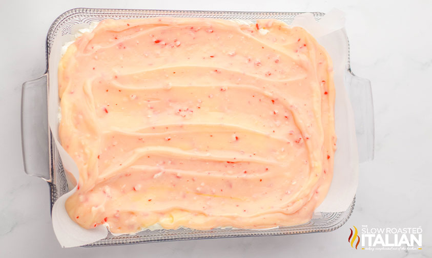 peppermint cheesecake filling in baking dish