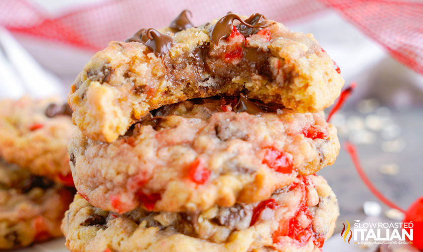 closeup of stacked cherry chocolate chip cookies