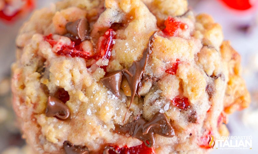 closeup of a cherry chocolate chip cookie