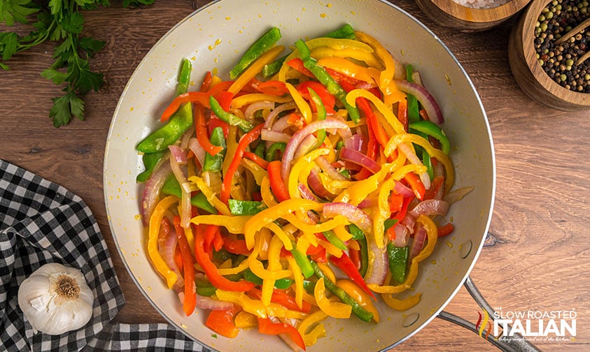 cooked peppers and onion for chicken scampi