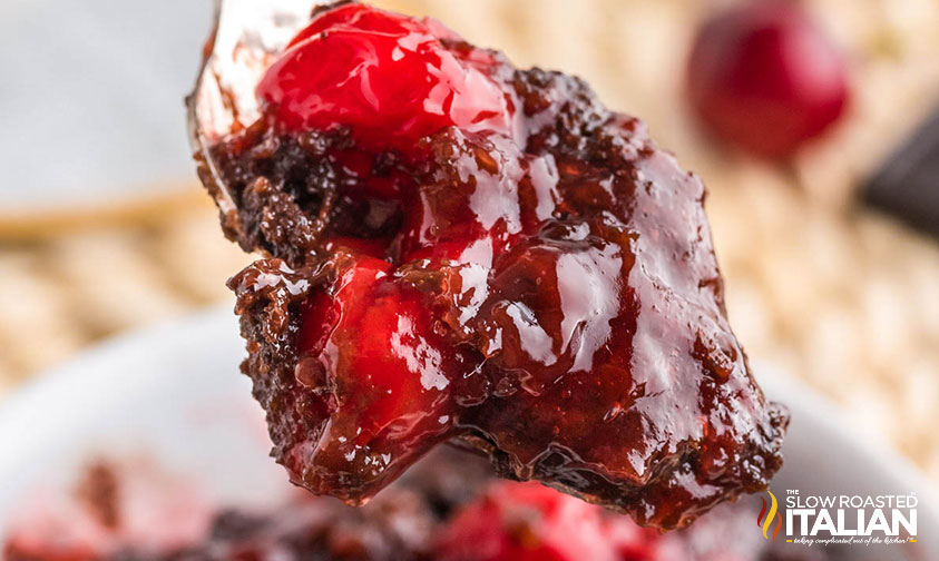 chocolate cherry dumpcake on a fork