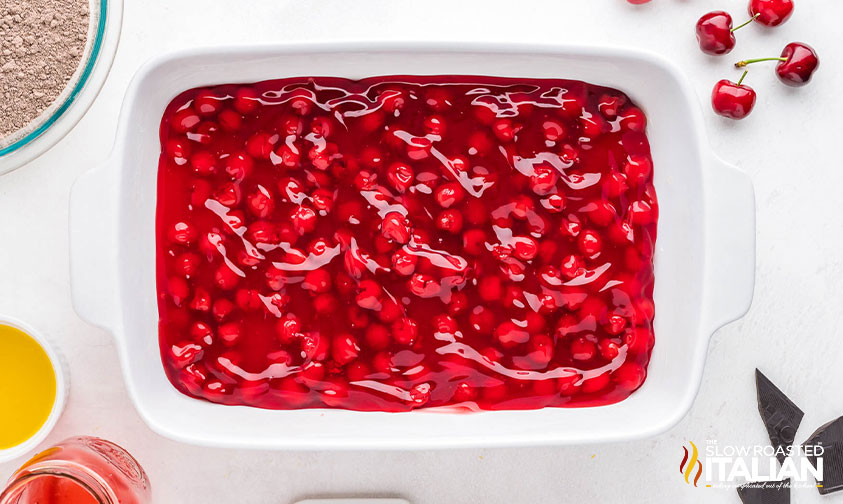 cherry pie filling in baking dish