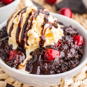 chocolate cherry dump cake closeup