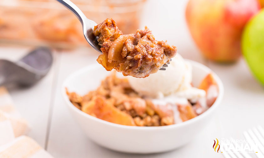 closeup of easy apple crisp on a fork