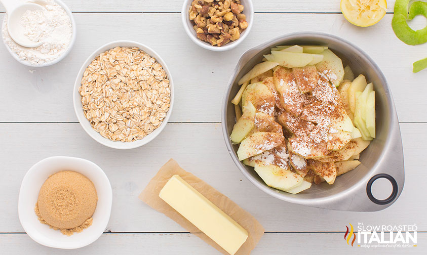 covering apple slices in flour, lemon juice, sugar and cinnamon