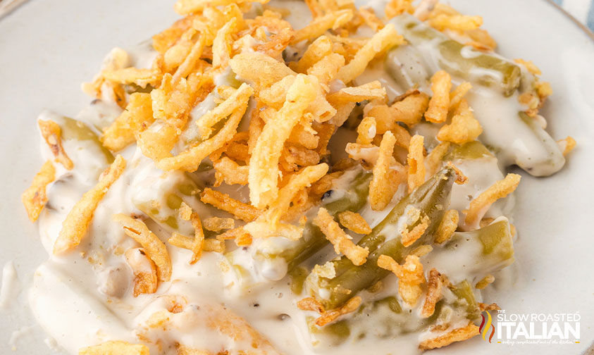 green bean casserole on a white plate