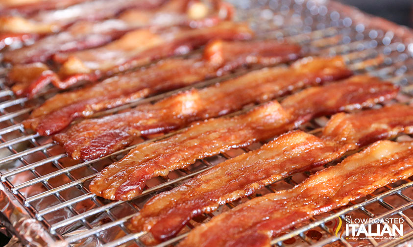 strips of baked bacon on rack